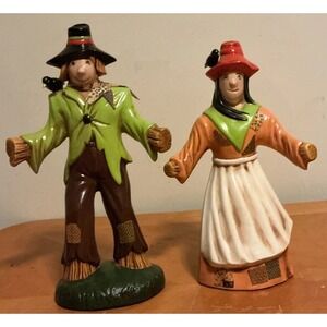 Pair Of Vintage Resin Male And Female Scarecrows, 13 And 14 In Tall